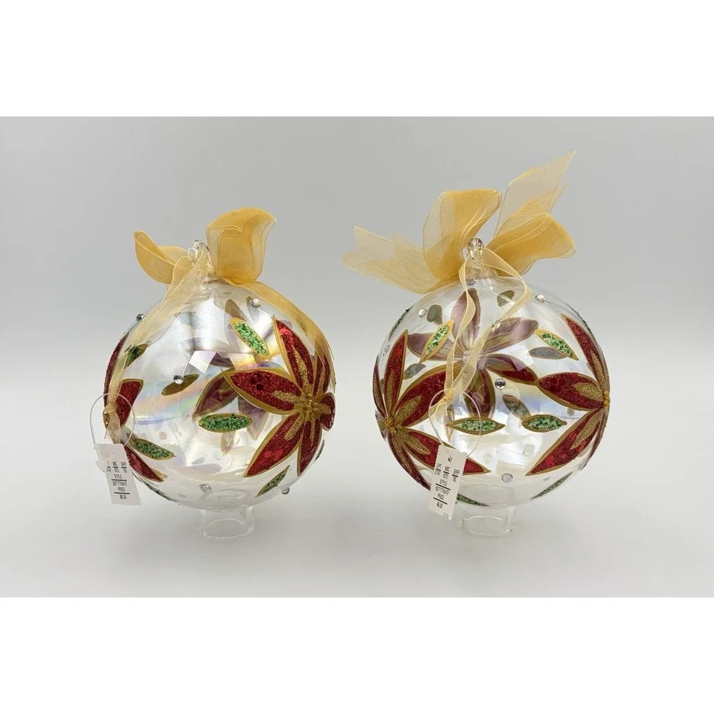Dillards Trimmings Blown Glass Christmas Ornaments Set 2 Red Poinsettia Gold VTG